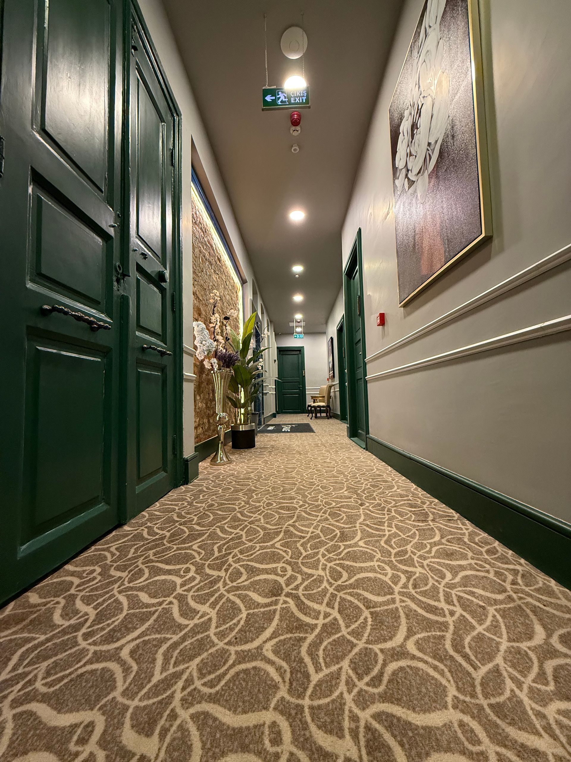 A long indoor hallway with patterned tan carpet, dark green doors, and light gray walls decorated with large framed art.