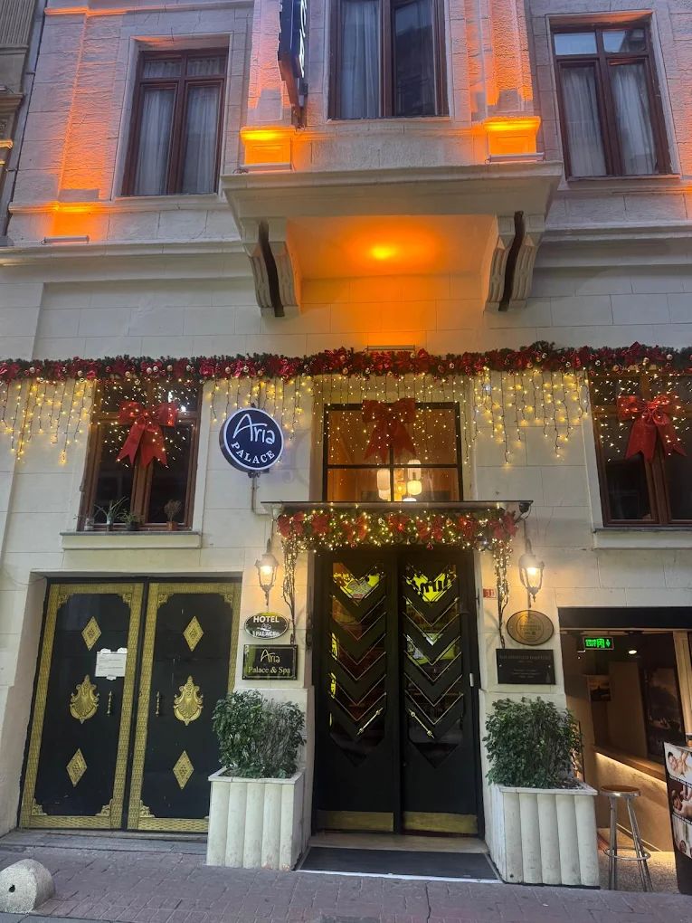 A building entrance decorated with festive holiday lights and red bows at night, with dark ornate doors and green plants.