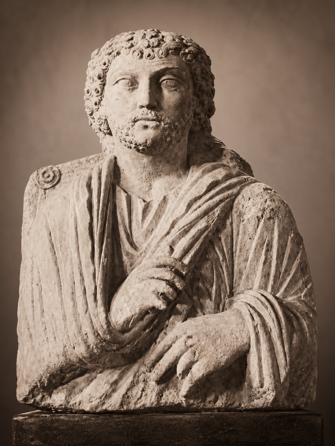 Sepia-toned historical photograph of a classical-style stone bust featuring a person draped in cloth, with a shield nearby.