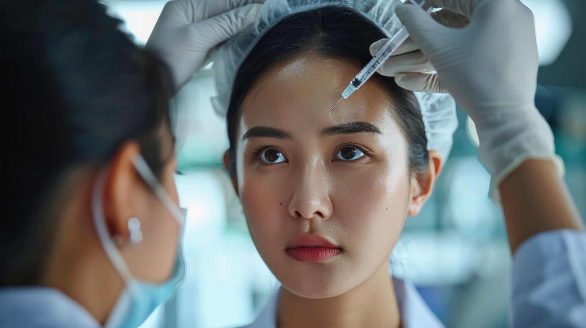 Medical professional preparing an injection on a woman’s forehead in a clinic, with gloved hands close-up