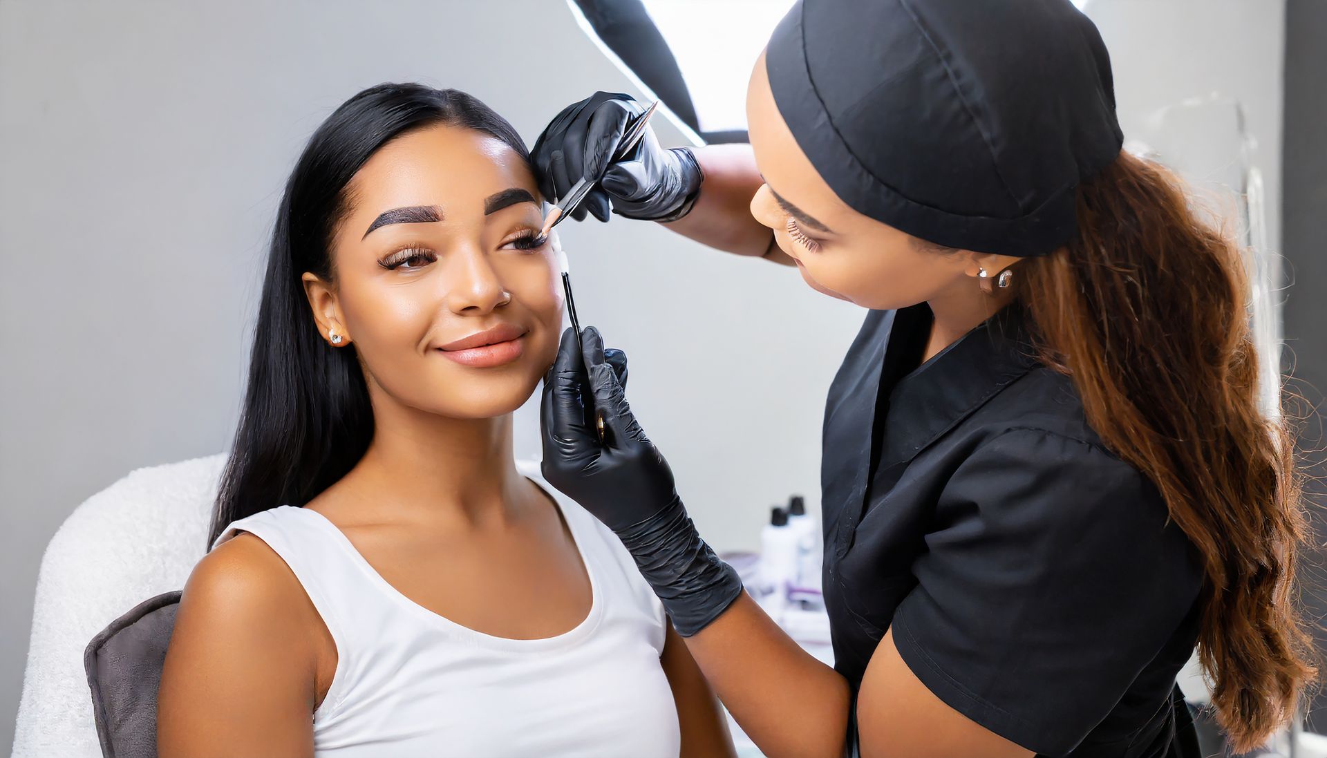 A technician applies cosmetic treatment near a woman’s eye while she sits in a chair under bright lights.