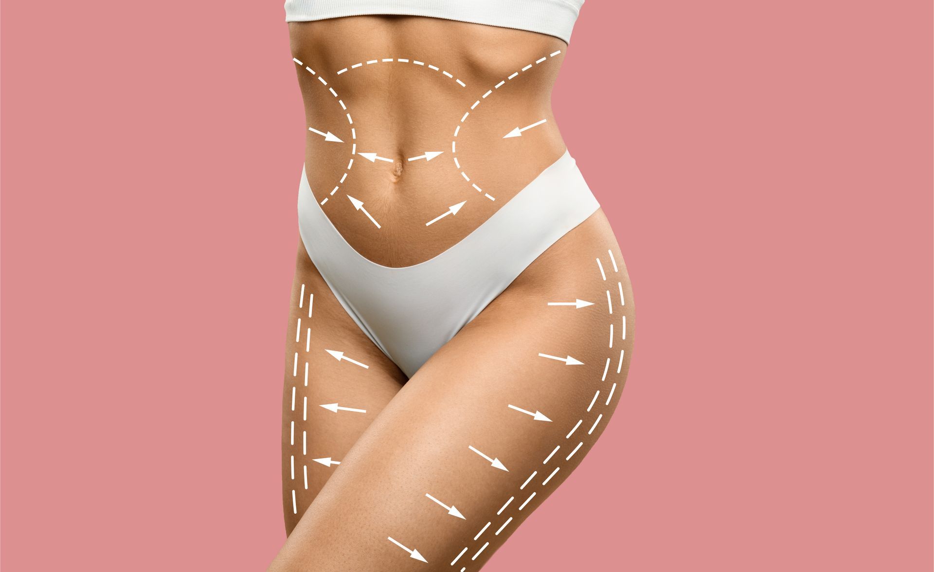 Woman in white underwear with arrows outlining body contouring on pink background.