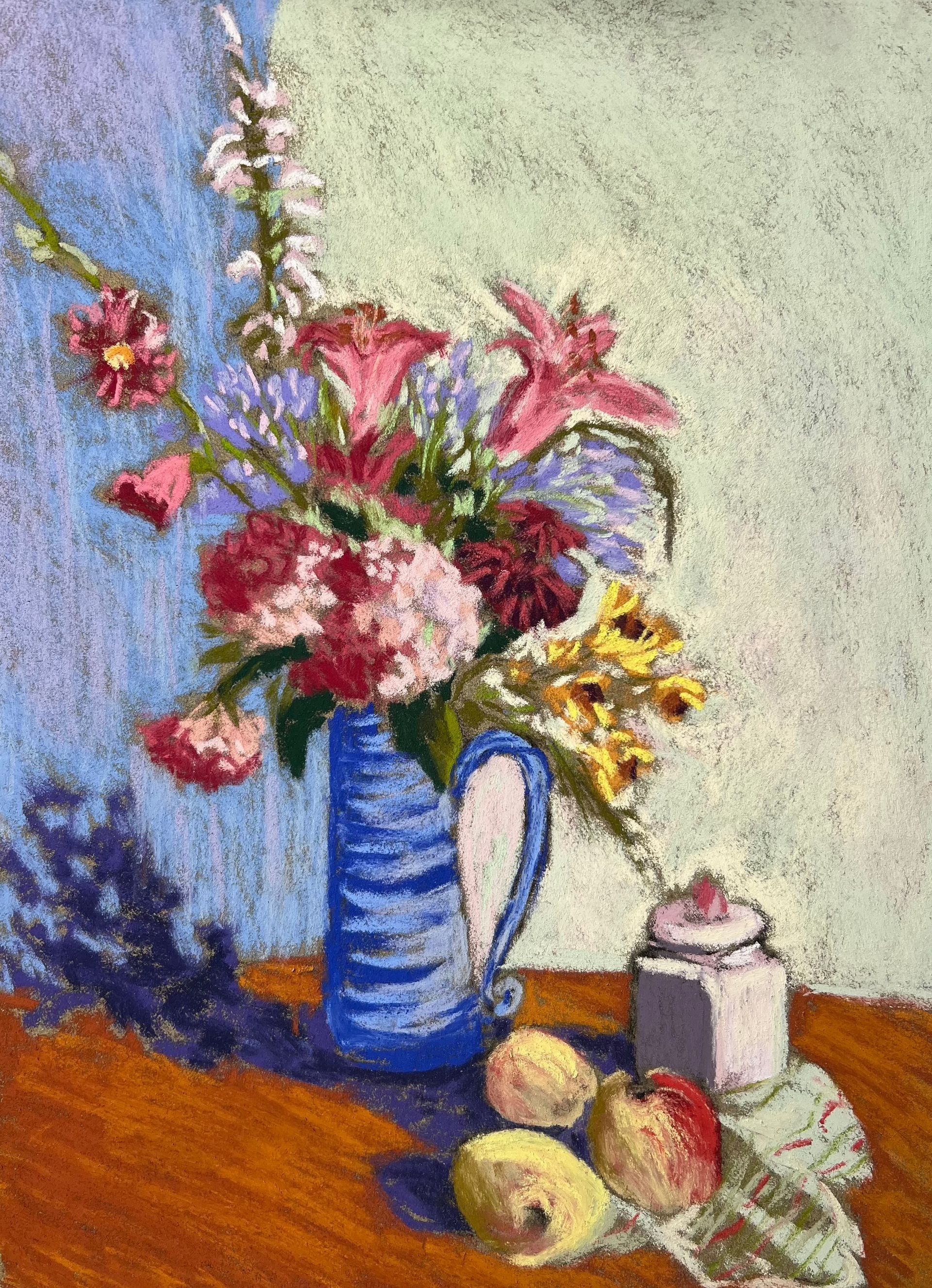 A painting of flowers in a blue vase on a table.