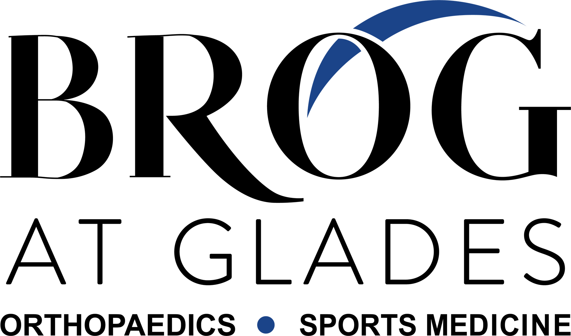 BROG at Glades logo: Black text with a blue arch over the 