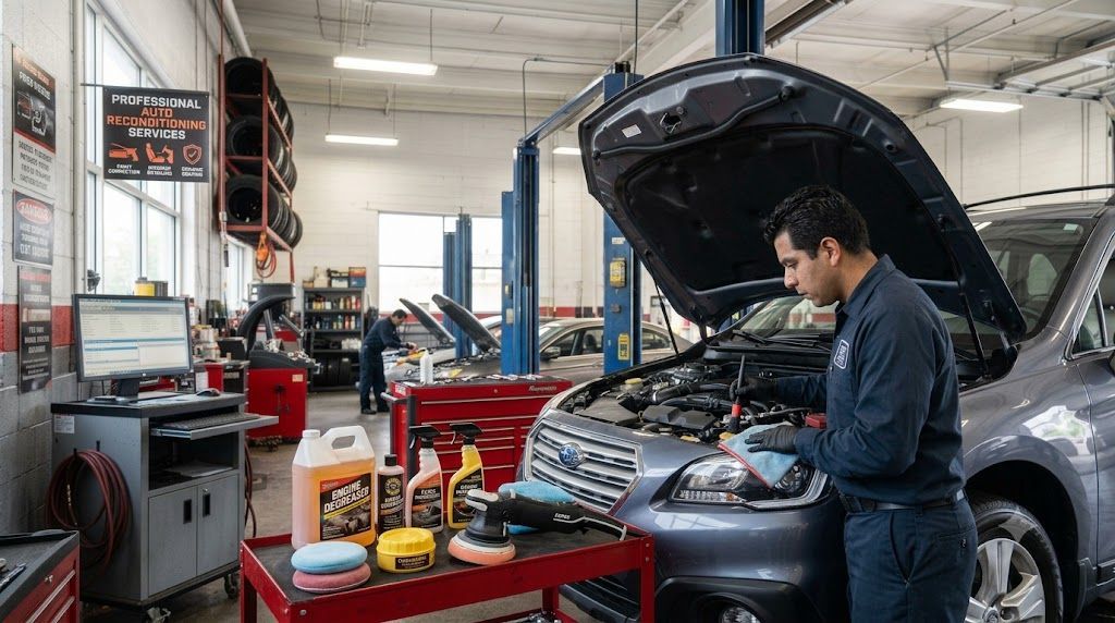 Auto reconditioning technician performing vehicle maintenance and detailing services in a professional auto repair shop