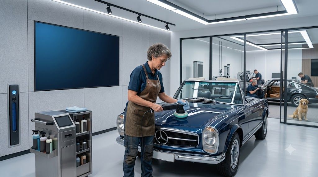 Professional auto reconditioning specialist polishing a luxury vehicle during a detailed restoration