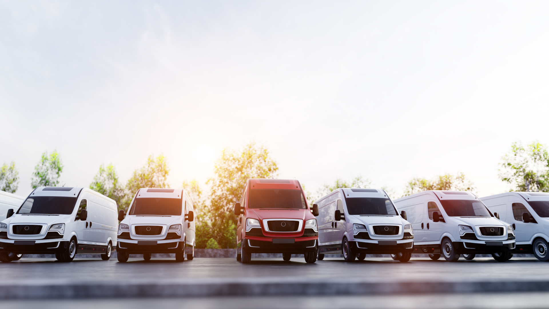 A row of commercial vans, mostly white with one red, parked in a lot under a clear sky, representing a professional fleet ready for business services.