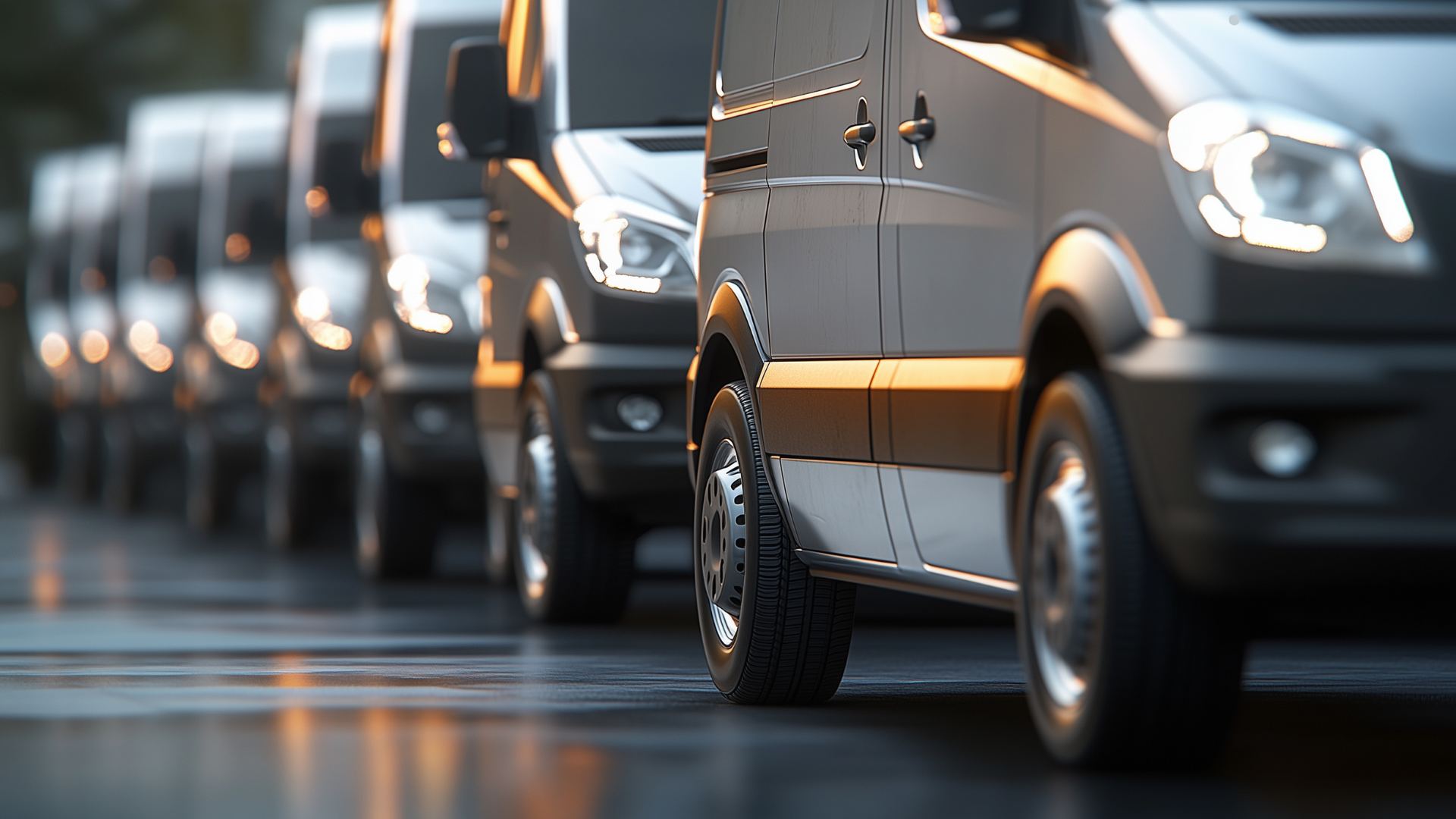 Close-up of multiple commercial vans lined up with headlights on, highlighting a reliable business 