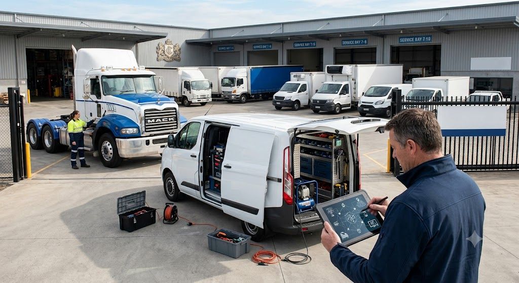Fleet and contract services team inspecting commercial vehicles and managing fleet repairs at an automotive service facility