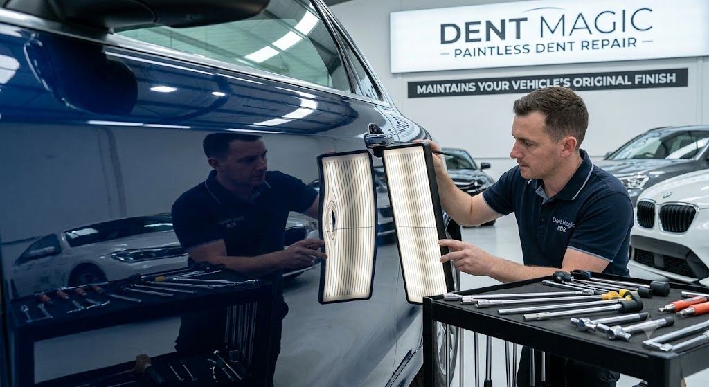 Auto technician inspecting a vehicle panel with paintless dent repair lighting tools while preparing to remove dents without affecting the original finish.