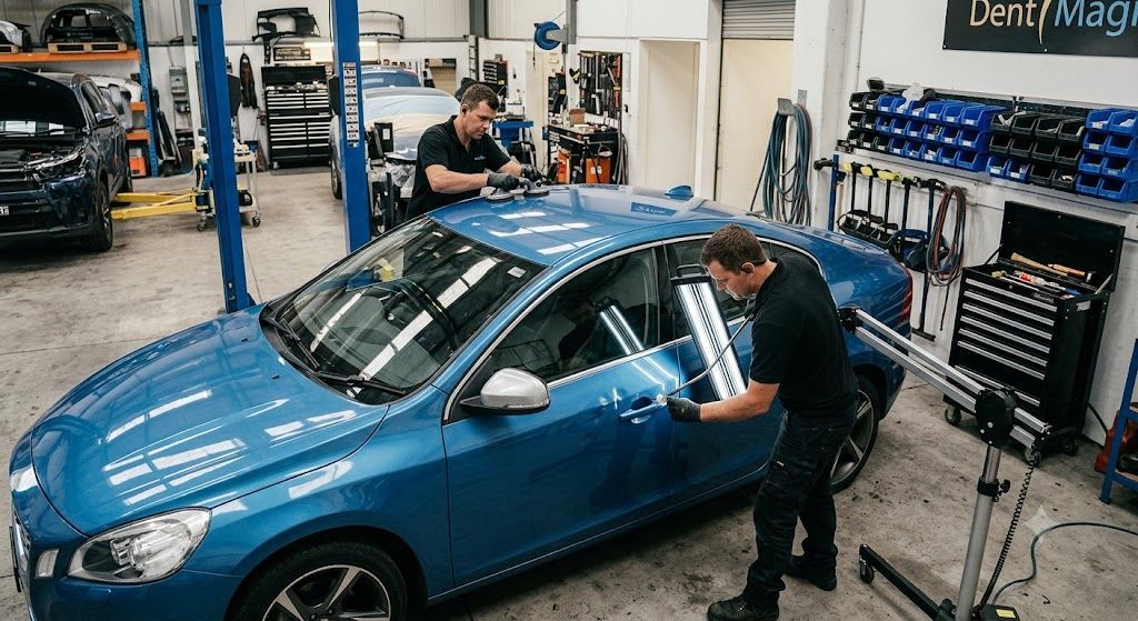 Technicians performing professional body work repairs on a blue vehicle inside an auto repair shop.