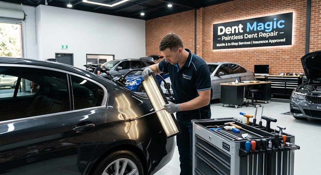 Technician performing paintless dent repair on a black vehicle using specialized tools inside a prof