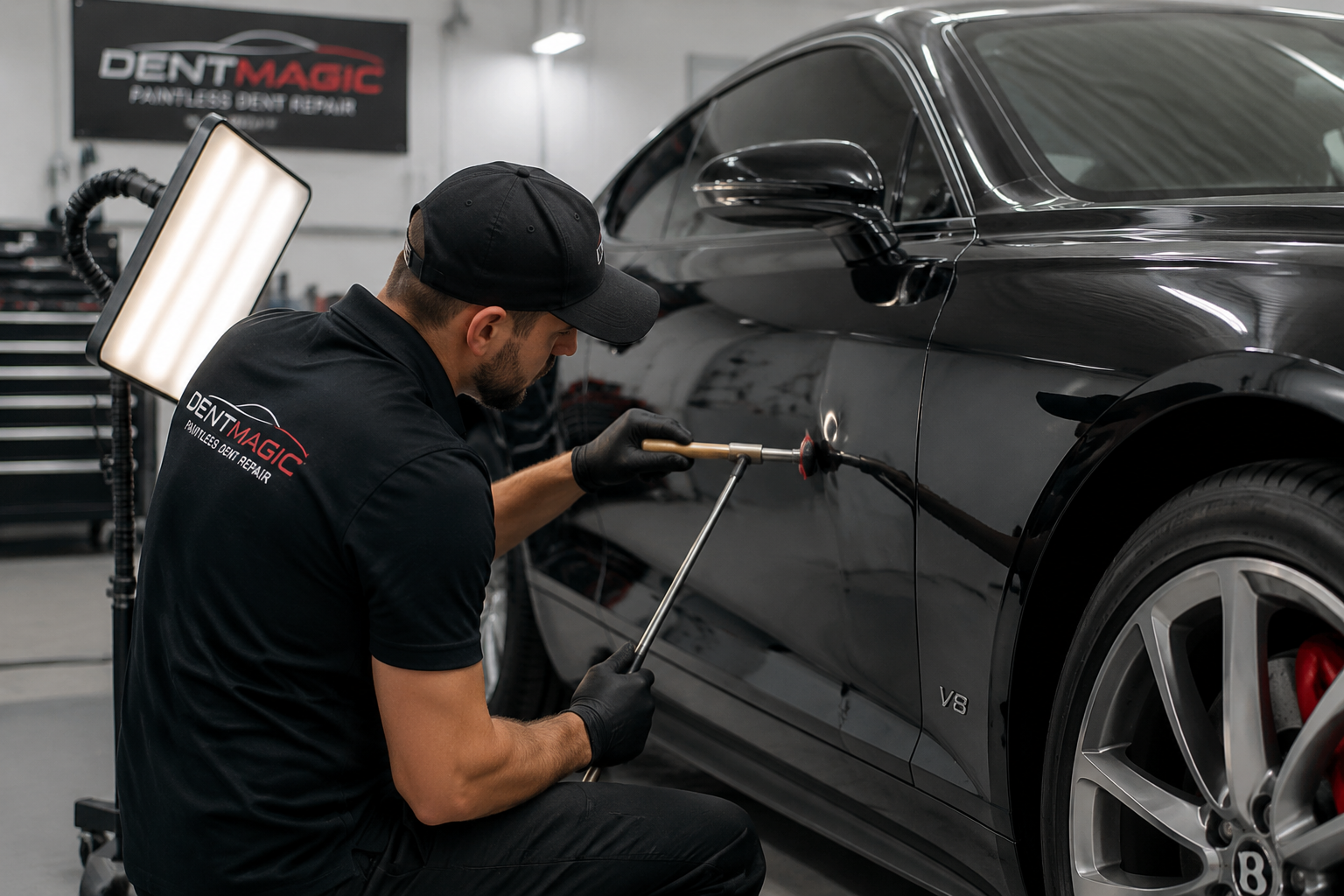 A technician performing paintless dent repair on a black luxury car in a shop restoring a door panel