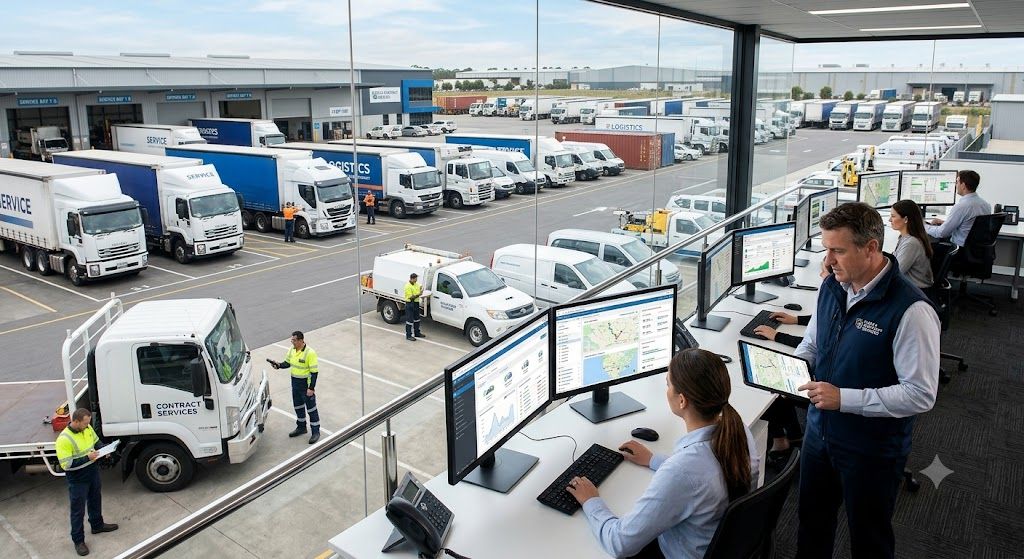 Commercial fleet management team coordinating vehicle services and contract repairs for business veh