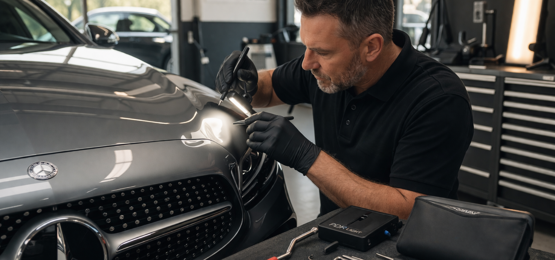 A professional using a tool to inspect the grey paint of a Mercedes-Benz car in a workshop.
