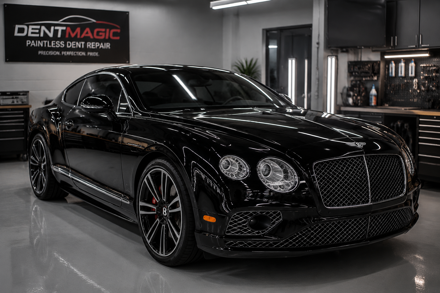 A fully restored black luxury sports car inside a clean professional repair studio, showing a flawless glossy finish after paintless dent repair, with bright lighting reflecting smoothly across the bodywork.