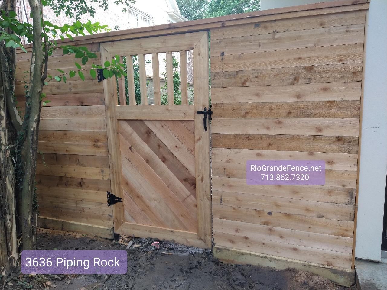 A Wooden Fence With A Gate and A Sign that Says 3636 Piping Rock - Houston, TX - Rio Grande Fence Company