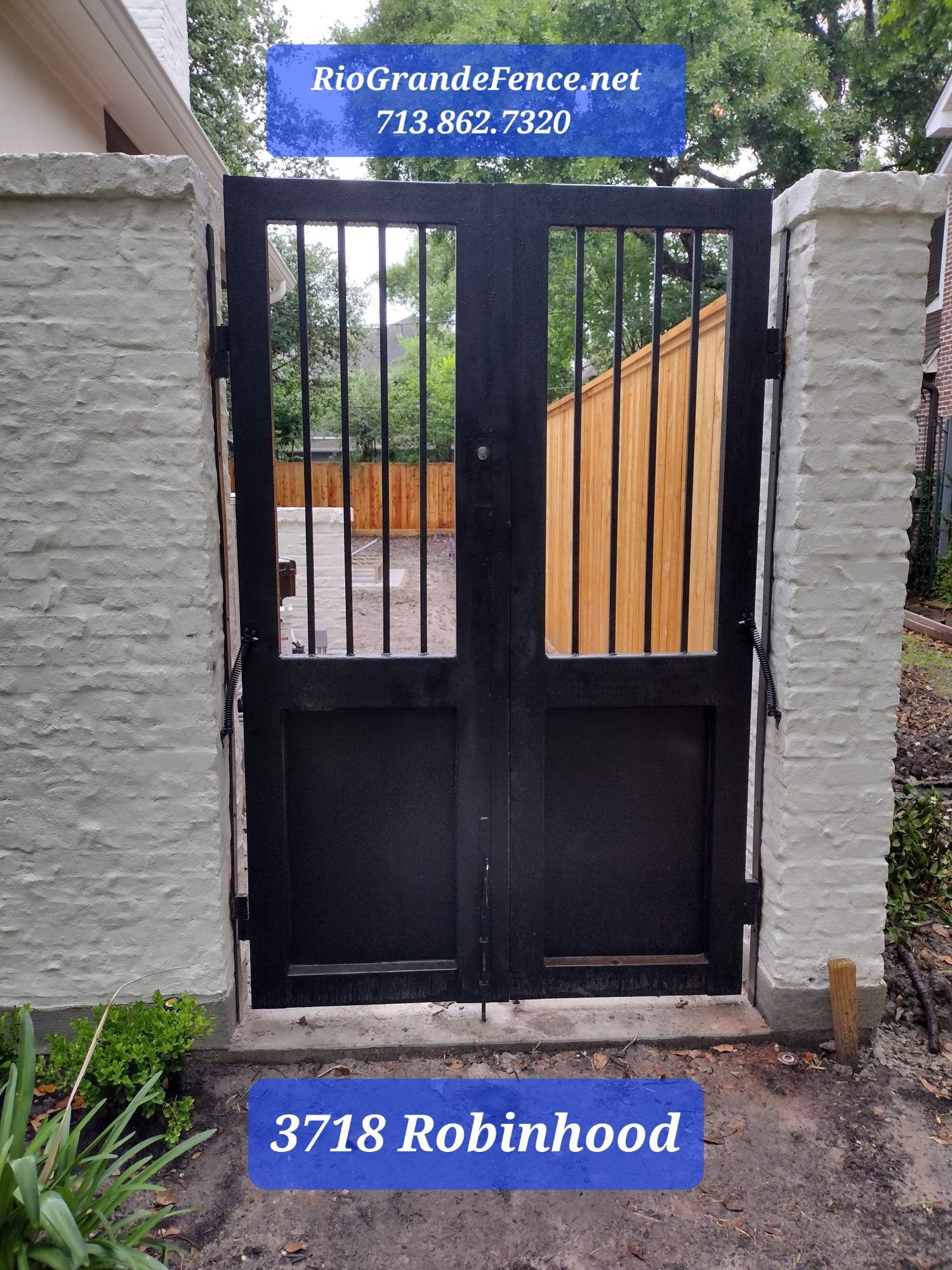 A Black Gate with A Blue Sign that Says 3718 Robinhood - Houston, TX - Rio Grande Fence Company