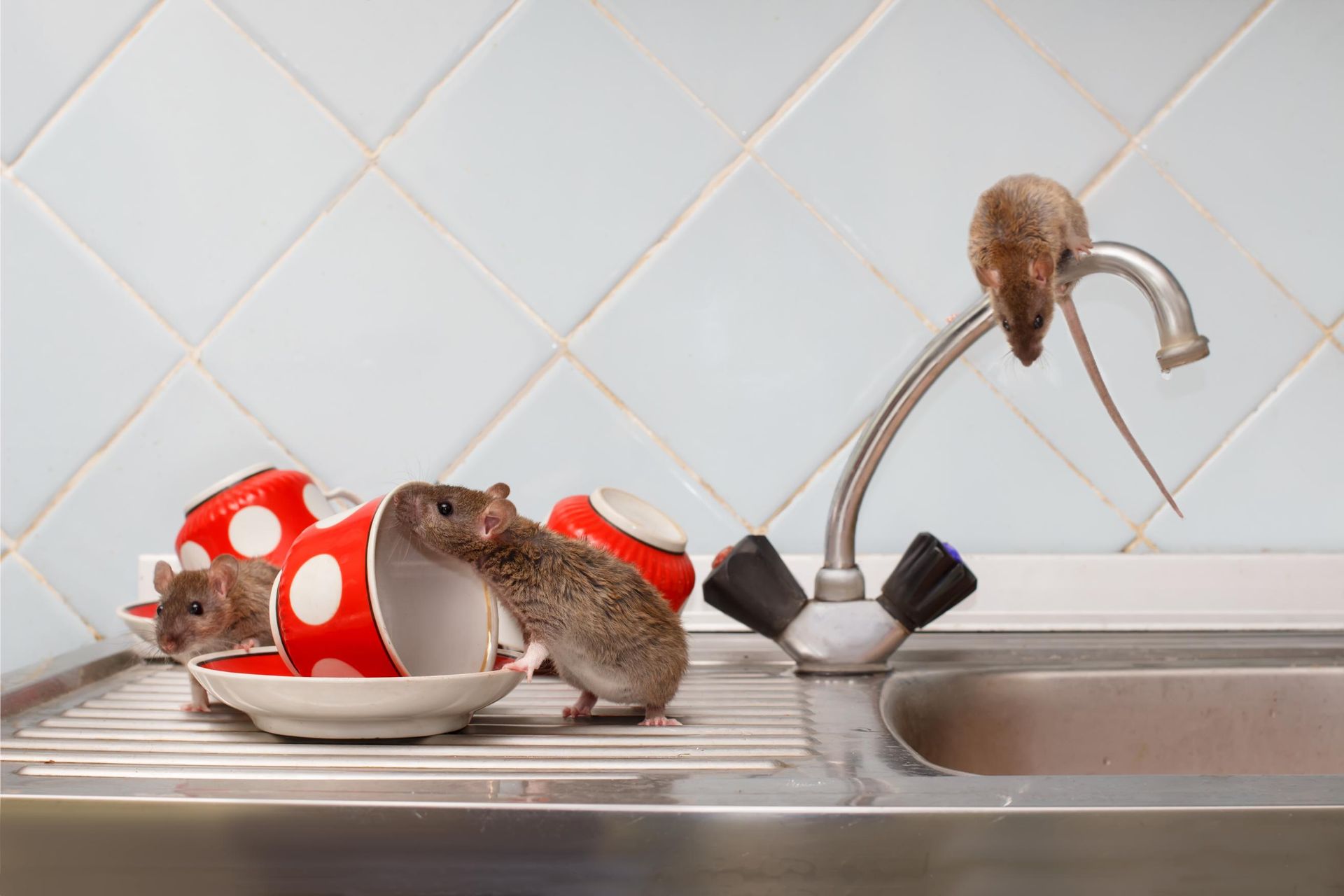 Two mice are playing with cups and saucers on a kitchen sink.