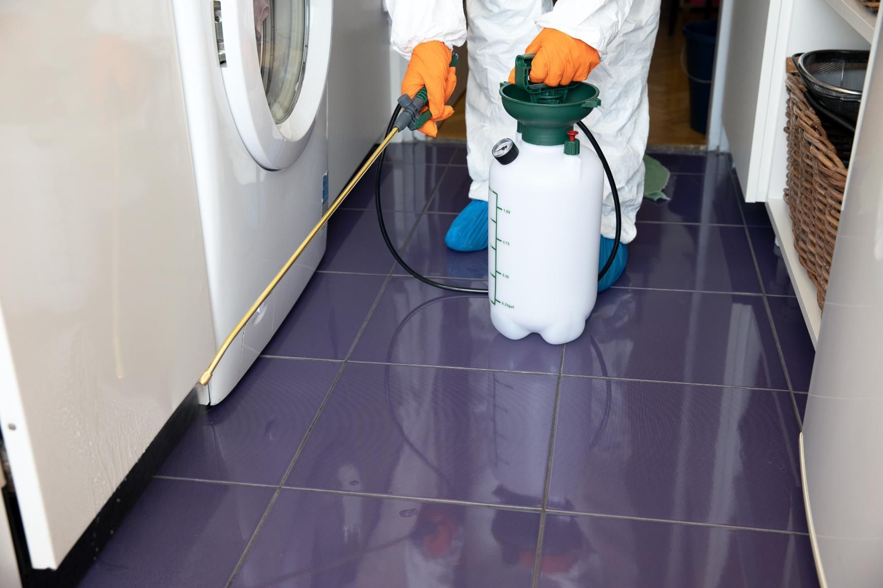 A man in a protective suit is spraying a room with a sprayer.