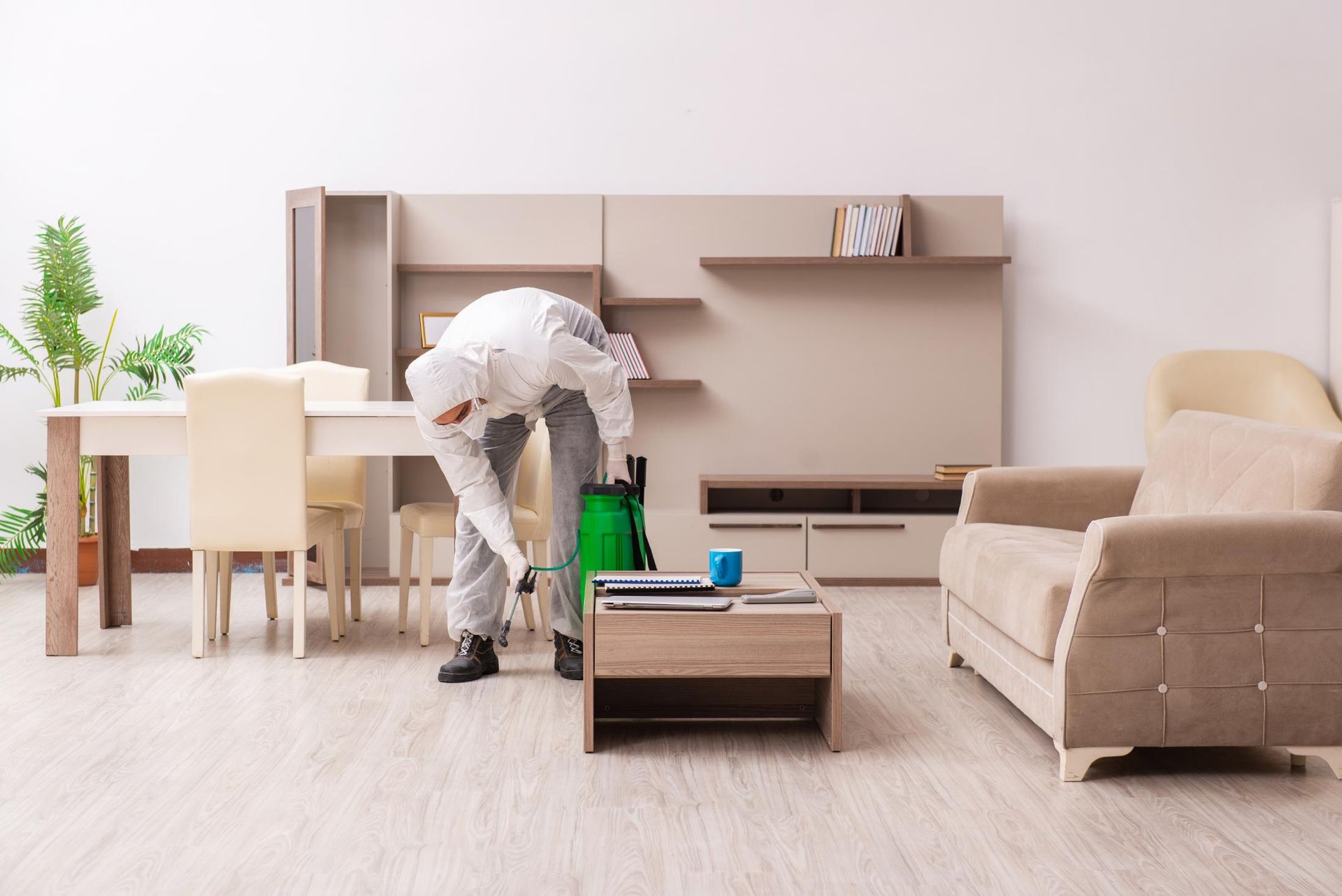 A man is cleaning a living room with a sprayer.