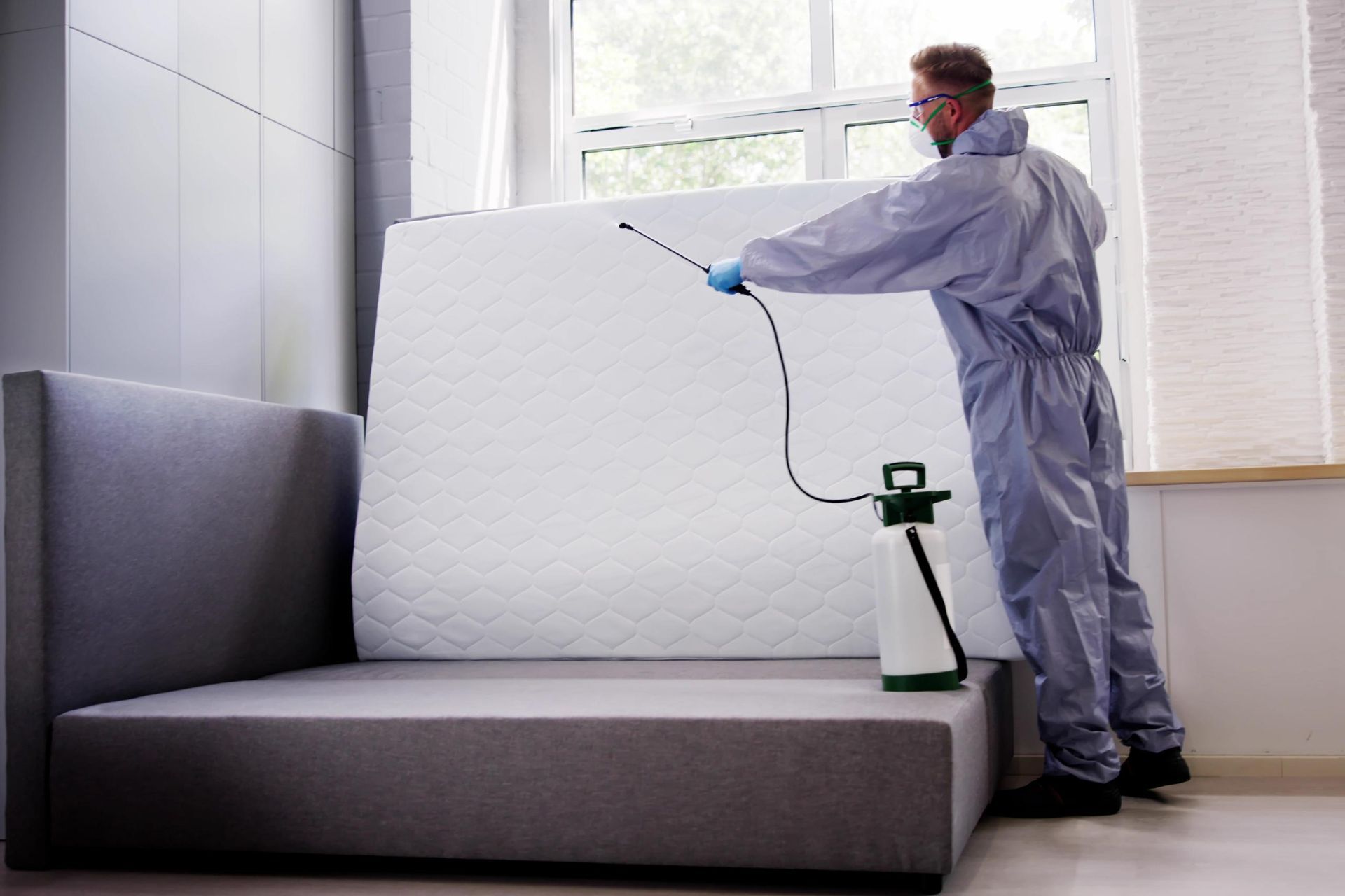 A man in a protective suit is spraying a mattress with a sprayer.
