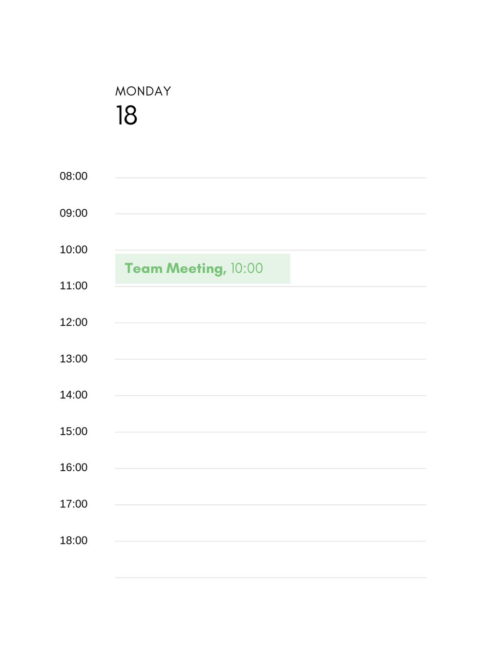A calendar with a green button that says team meeting on it.