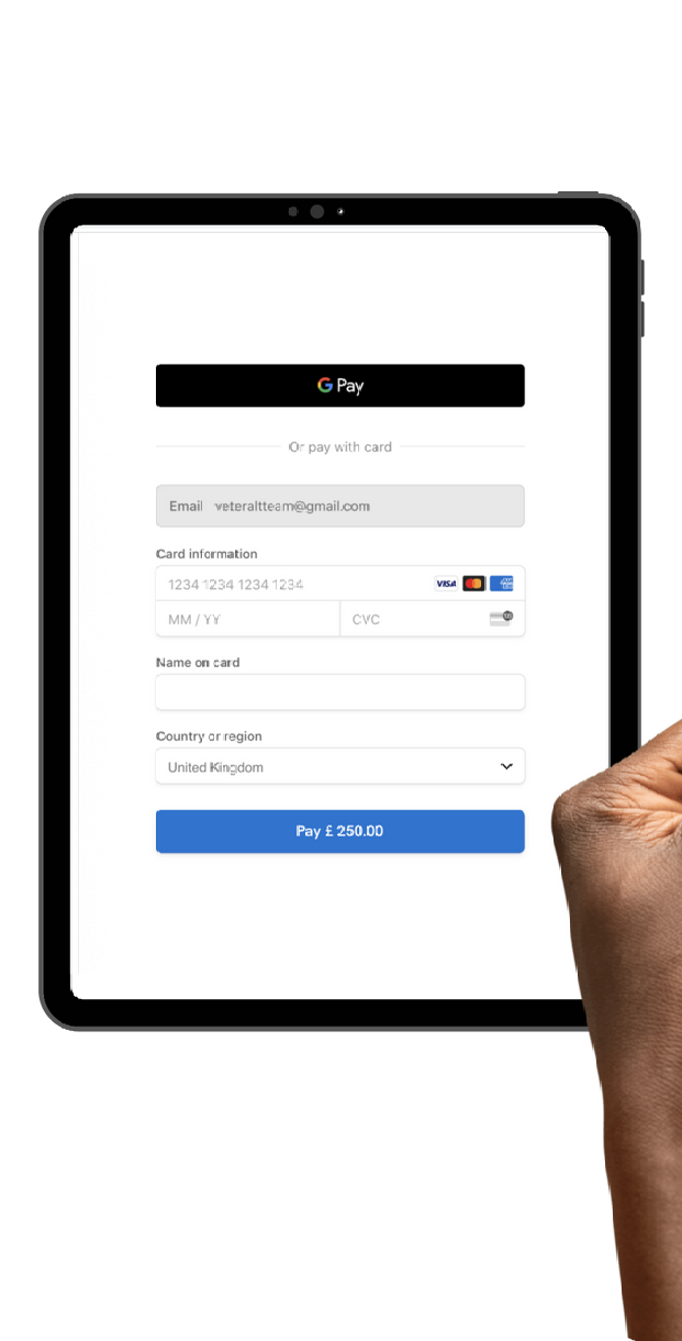 A person is holding a tablet with a payment page on it.