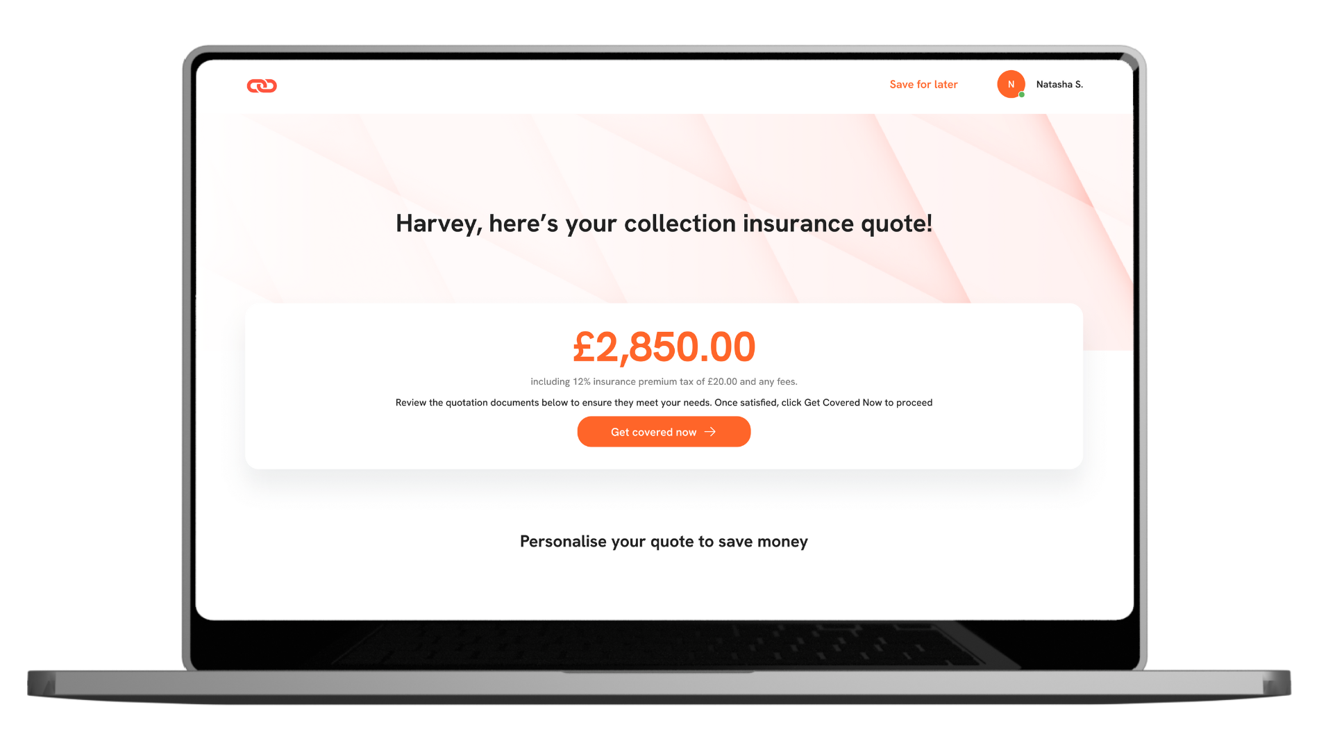 A laptop computer is open to a website that says `` here 's your collection insurance quote ''.