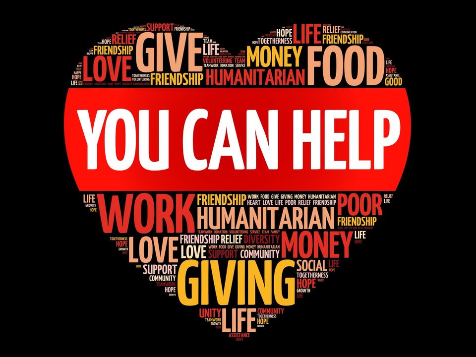 Red heart-shaped word cloud with bold text “YOU CAN HELP” and words like food, money, giving, and work.