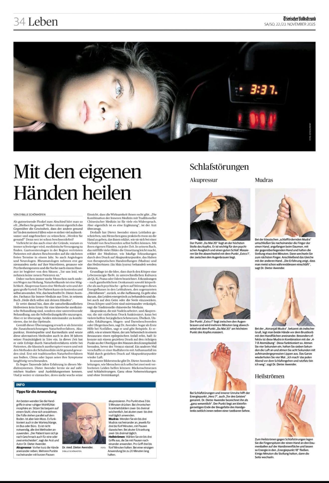 Seite mit der Überschrift „Heilung mit den eigenen Händen“ und Fotos von Handpositionen und einer Person im Bett.