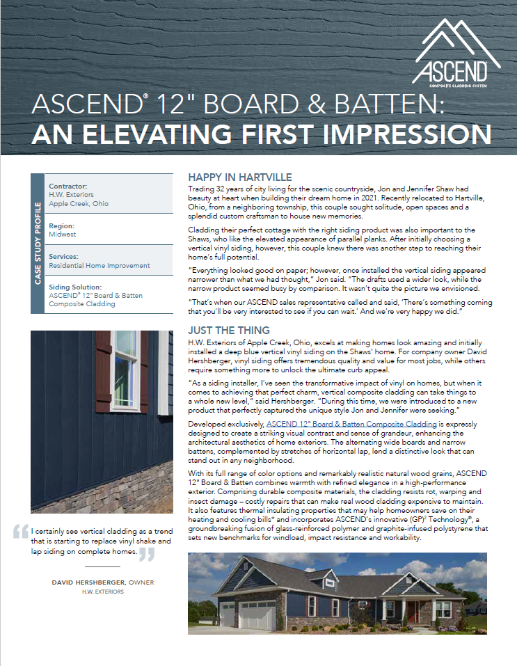 Blue board and batten siding on a house, case study advertisement.