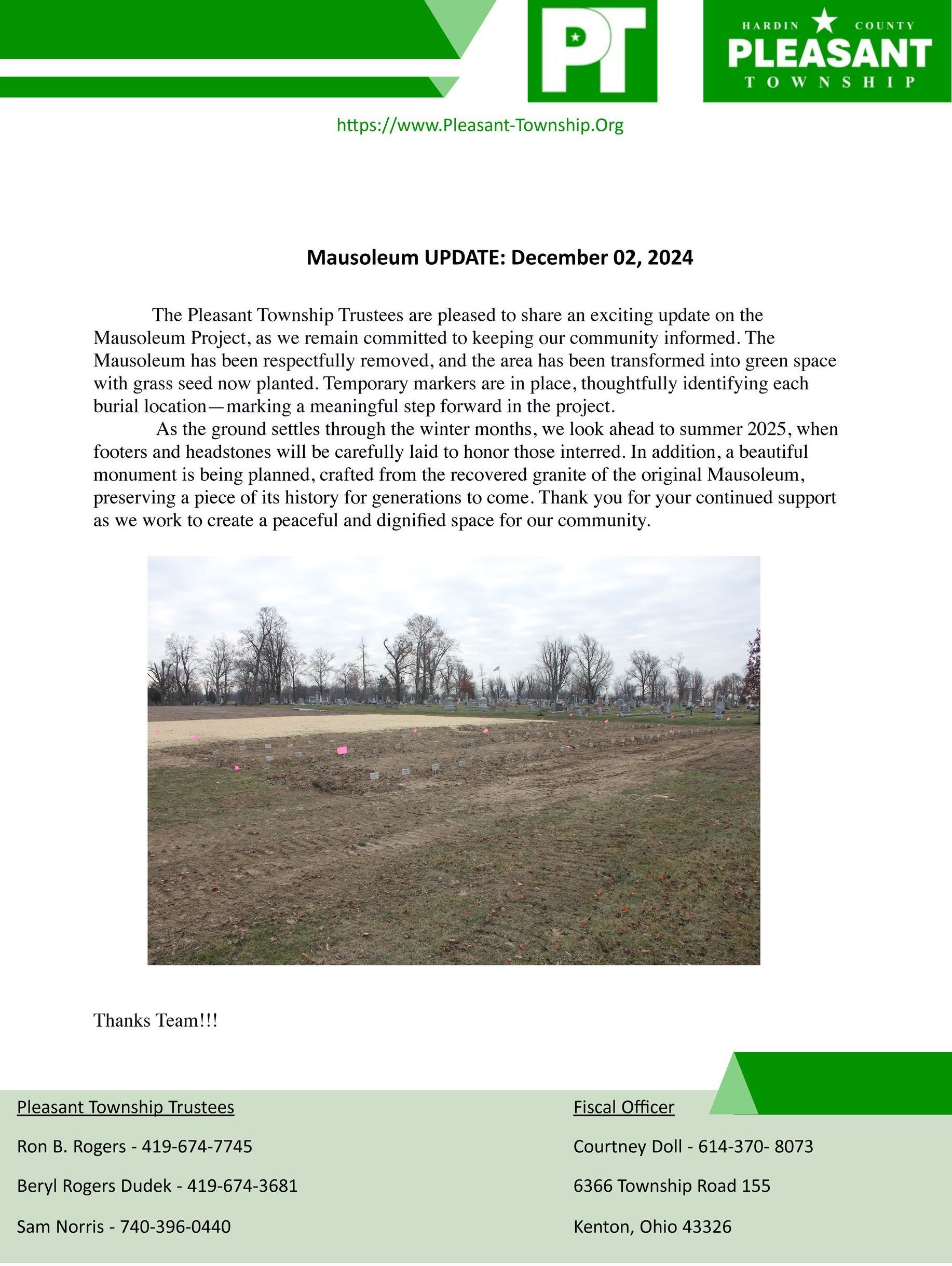 Pleasant Township Mausoleum update 12/02/2024