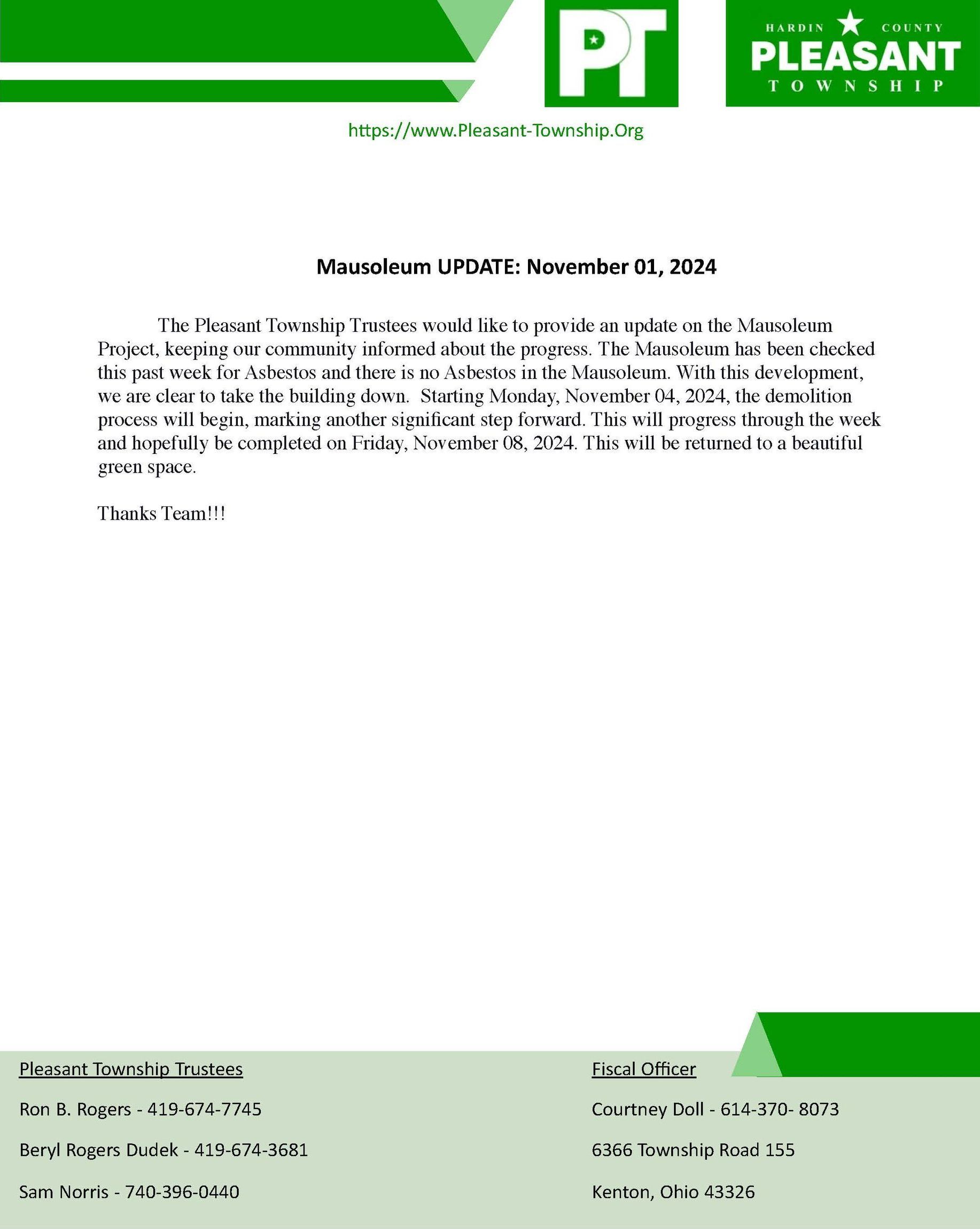 Pleasant Township Mausoleum update 10/18/2024