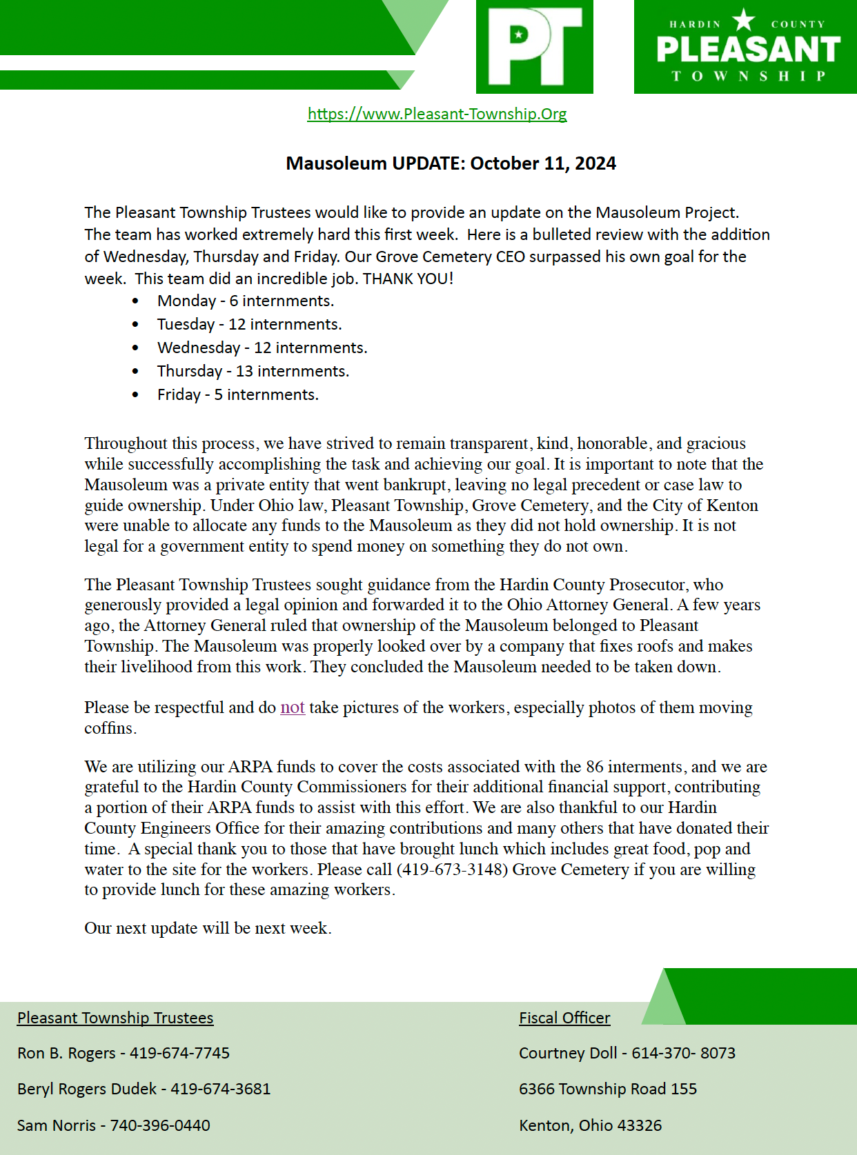 Pleasant Township Mausoleum update 10/11/2024