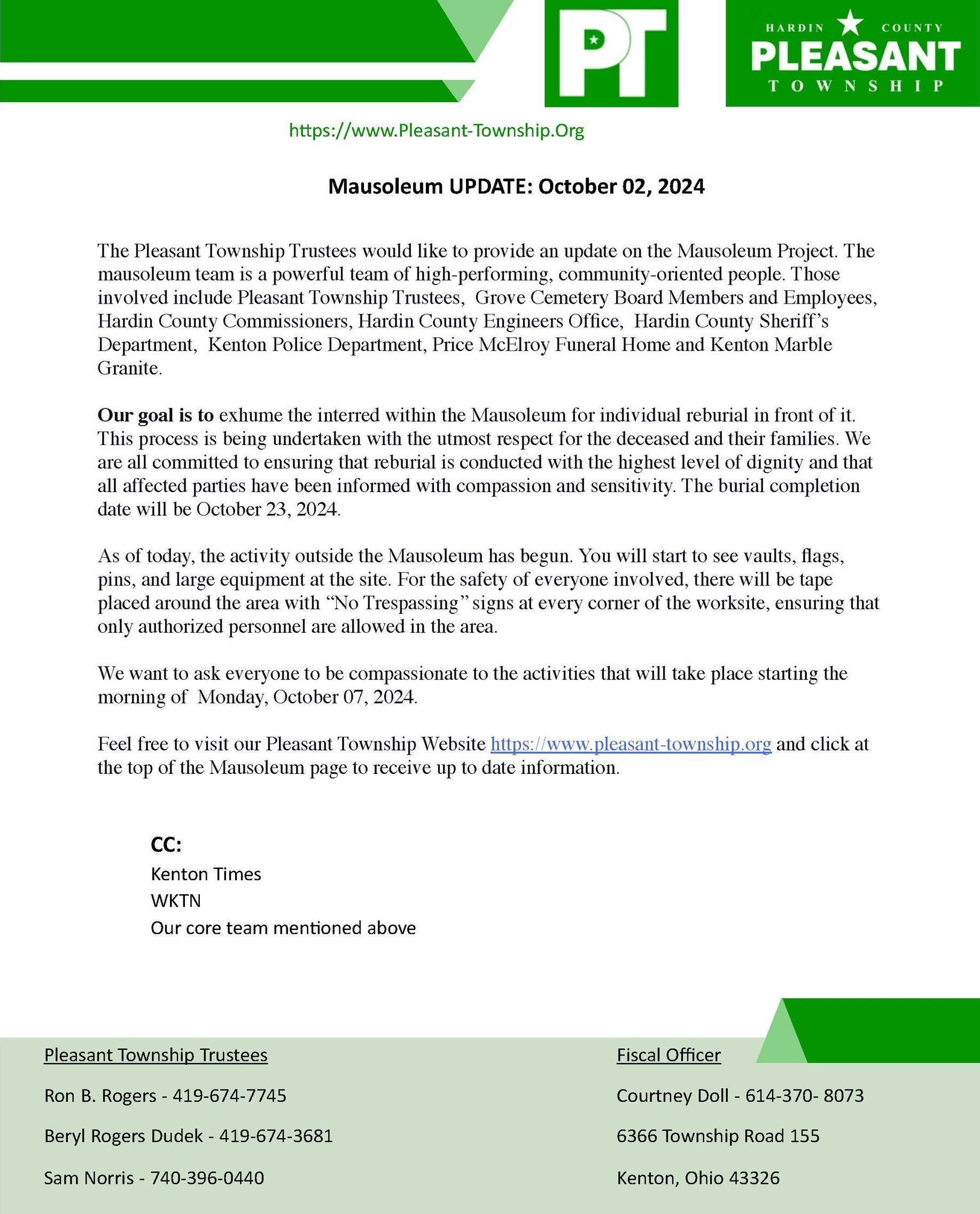 Pleasant Township Mausoleum update 10/2/2024