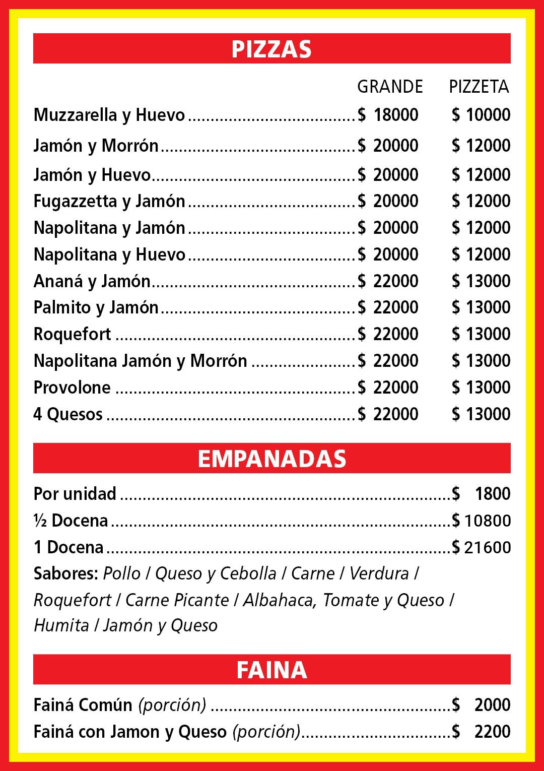 Una lista de menú con precios de pizza