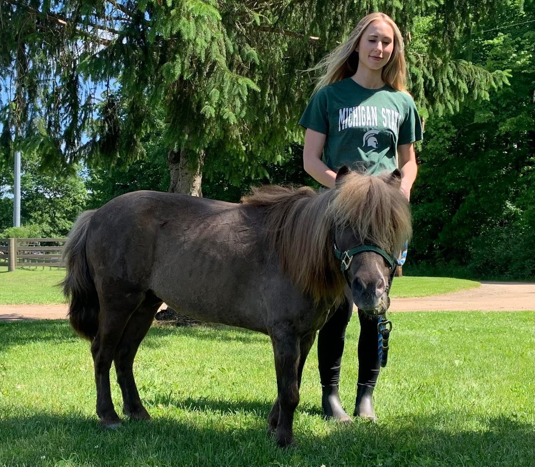 A woman in a green shirt stands next to a small pony