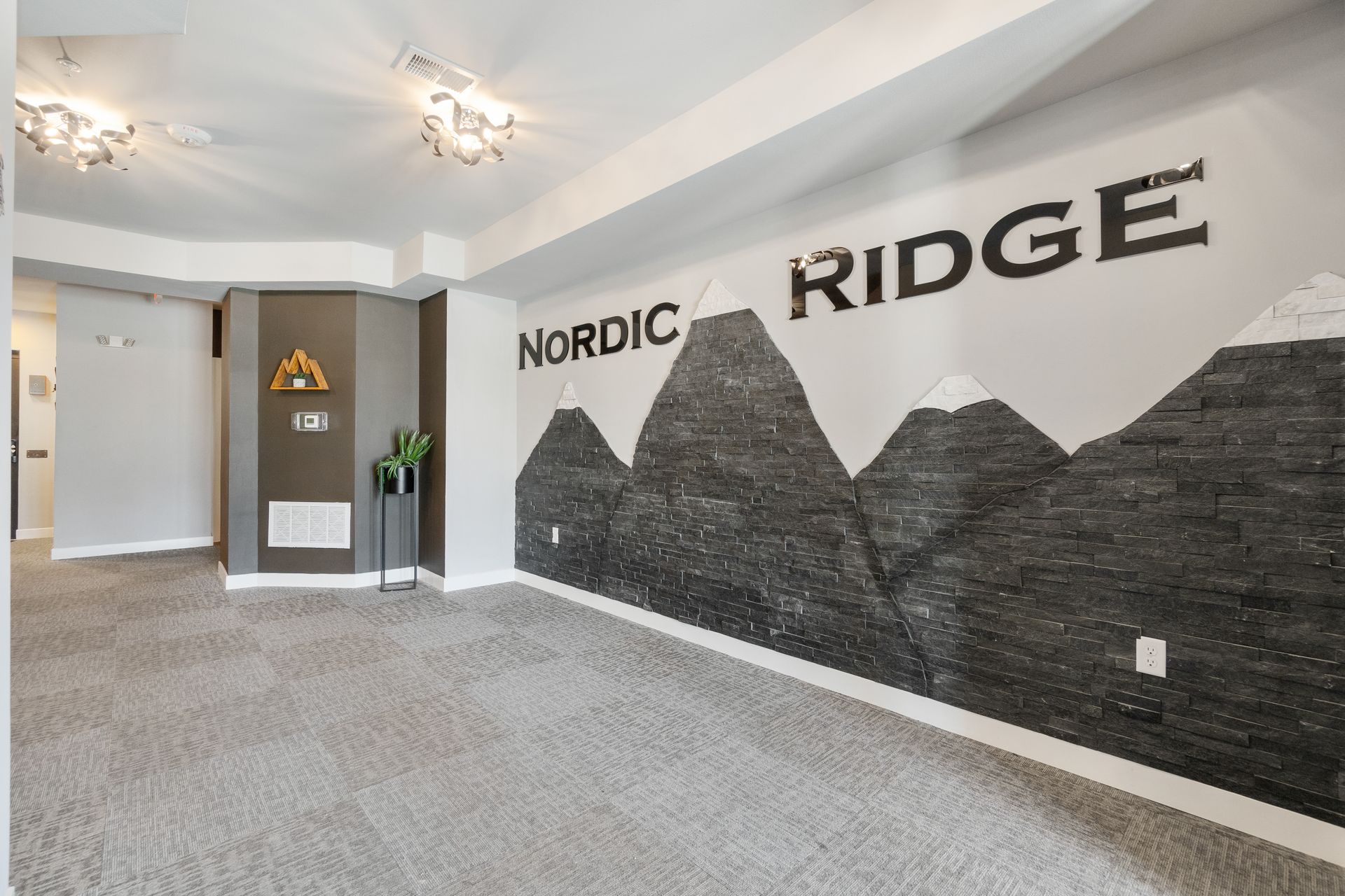 a hallway with a wall that says nordic ridge