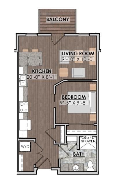 a floor plan of a one bedroom apartment with a balcony .