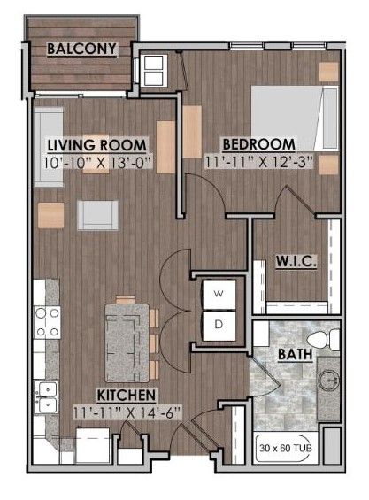 a floor plan of a one bedroom apartment with a balcony .