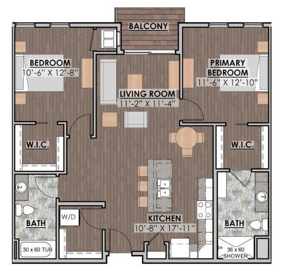 a floor plan of a two bedroom apartment with a balcony .
