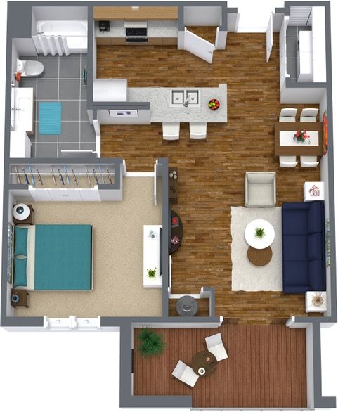 an aerial view of a house with a blue bed and a blue couch