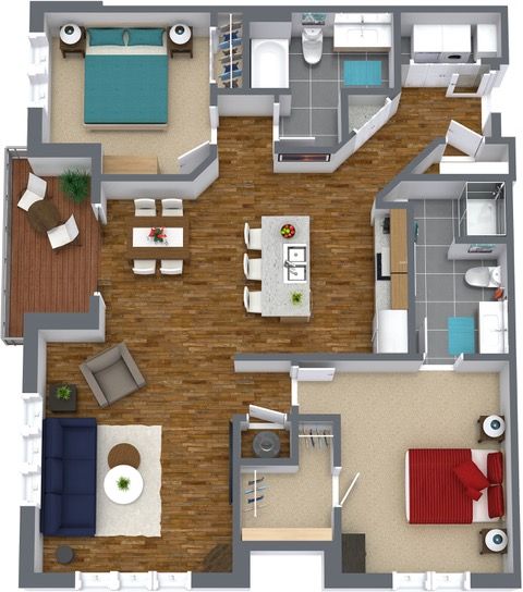 a 3d floor plan of a house with two bedrooms , a living room , and a kitchen .