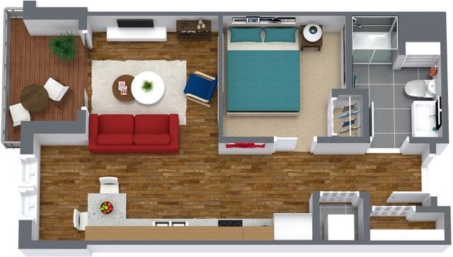 a 3d floor plan of a small apartment with a bedroom , living room , dining room , and bathroom .
