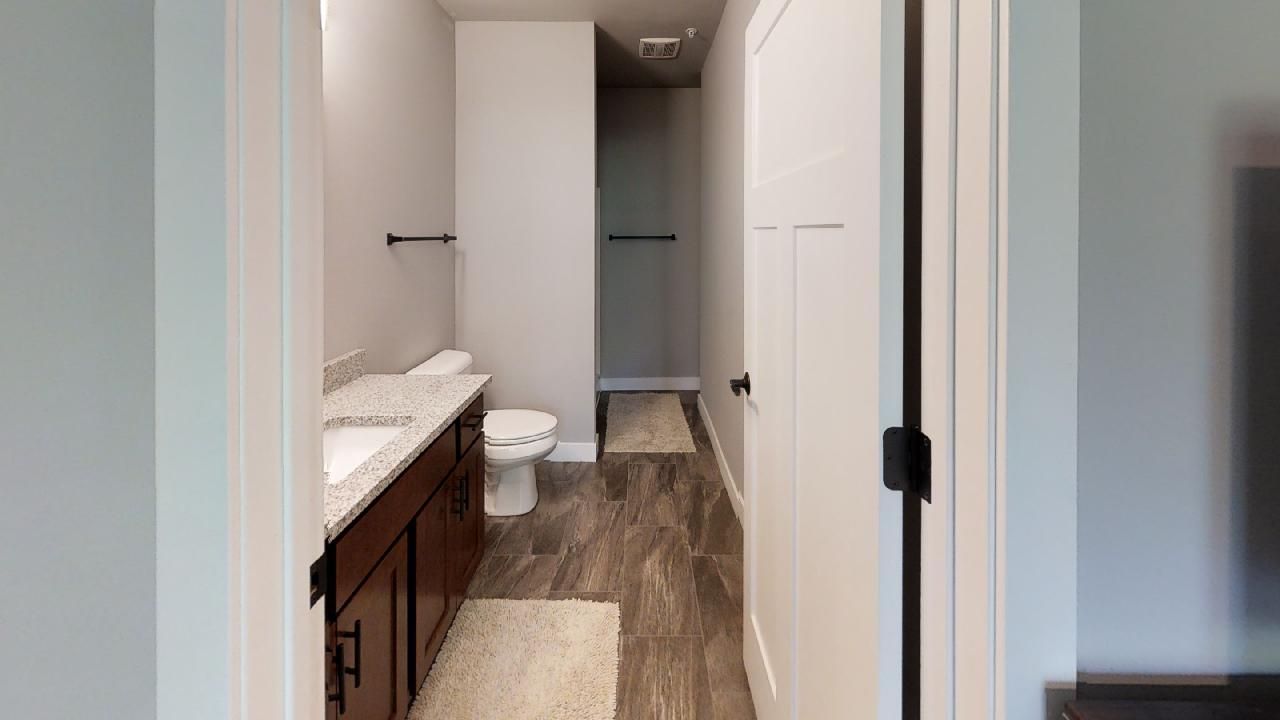 a bathroom with a toilet a sink and a rug