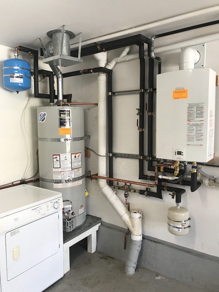 Utility room with water heater, furnace, pipes, and a wall-mounted boiler system