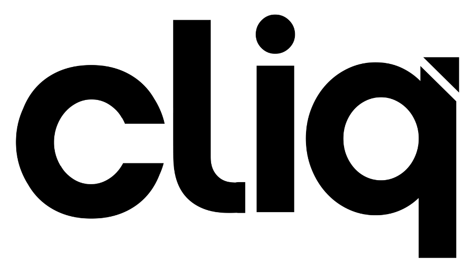 Black lowercase “cliq” logo with a small angular accent on the q