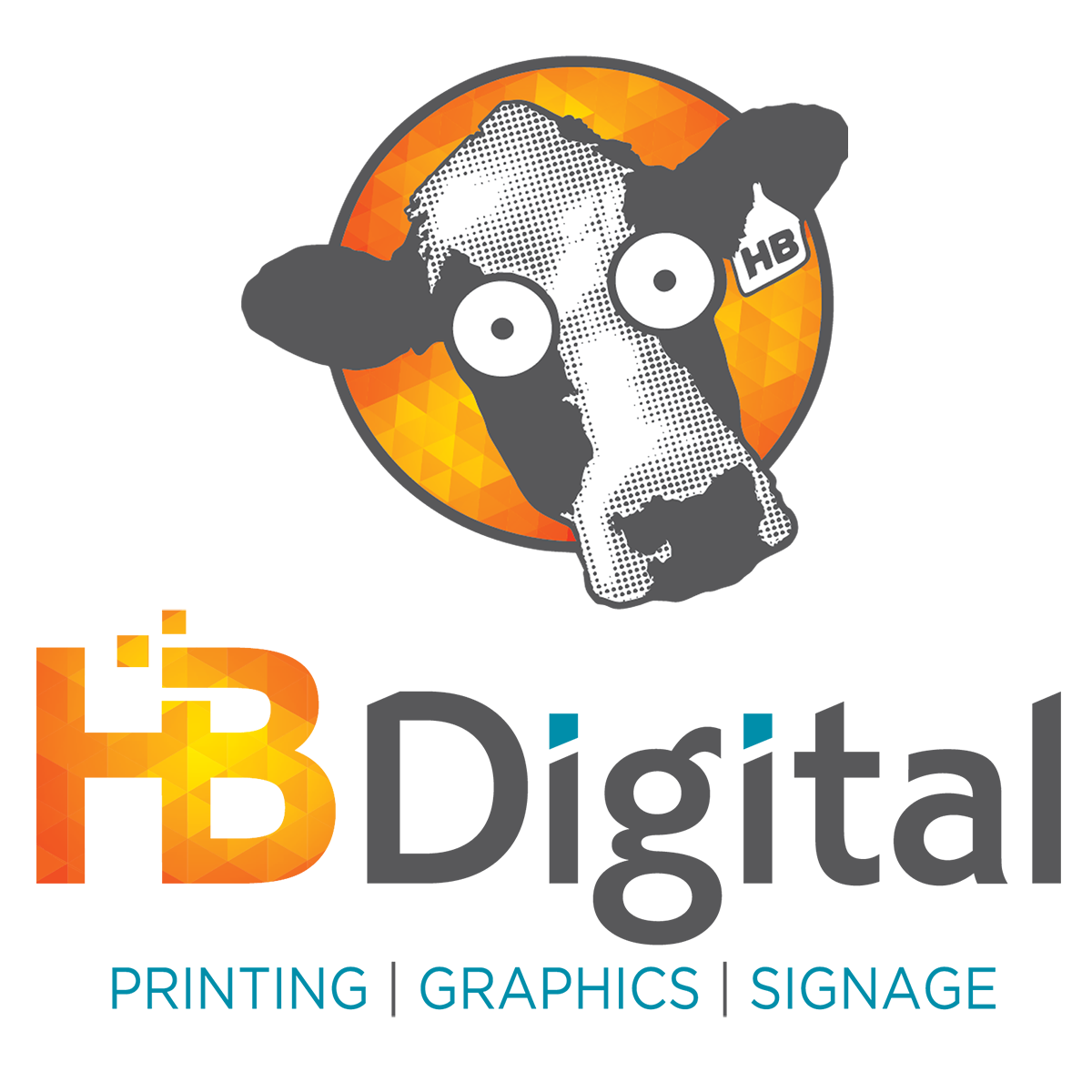 HB Digital logo with a stylized orange-and-black cow head and the text “HB Digital” and “PRINTING | GRAPHICS | SIGNAGE”