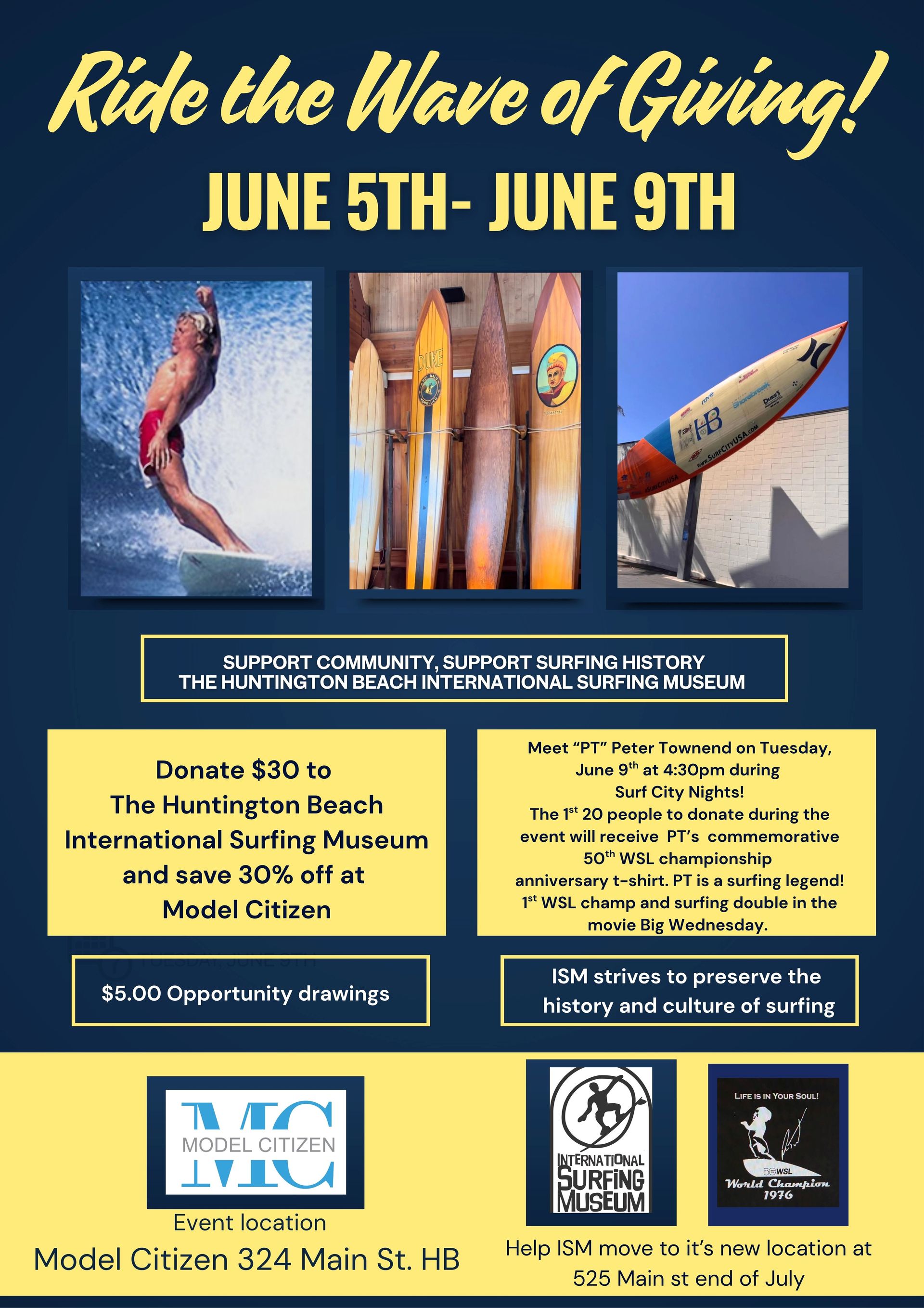 “Ride the Wave of Giving!” charity event poster with June 5–9 dates, surf, rockets, and donation details